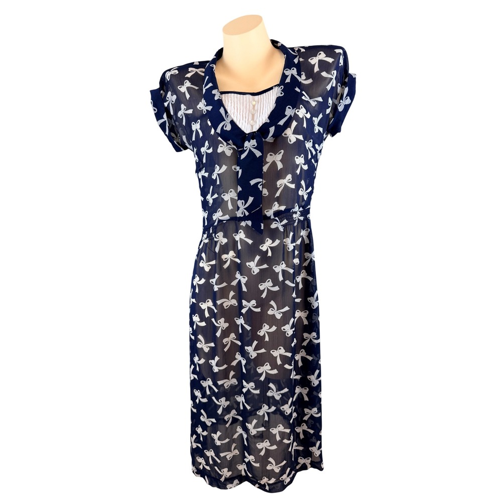 Bettie Page Rockabilly Pinup Navy Blue Bow Print Sheer Midi Dress Size L